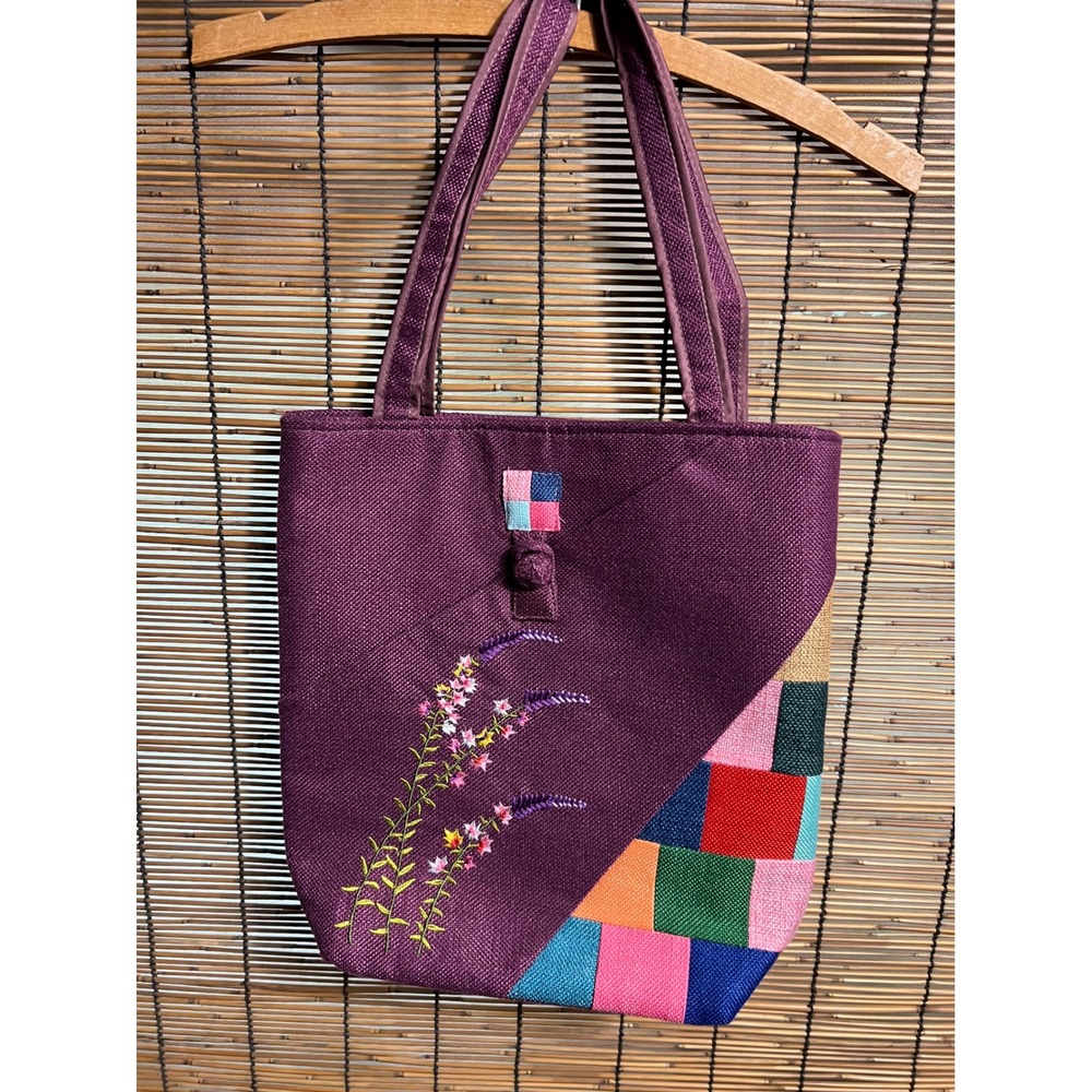 Handmade Purple Canvas Tote Bag Floral Embroidery Patchwork Zip Top Shoulder Bag